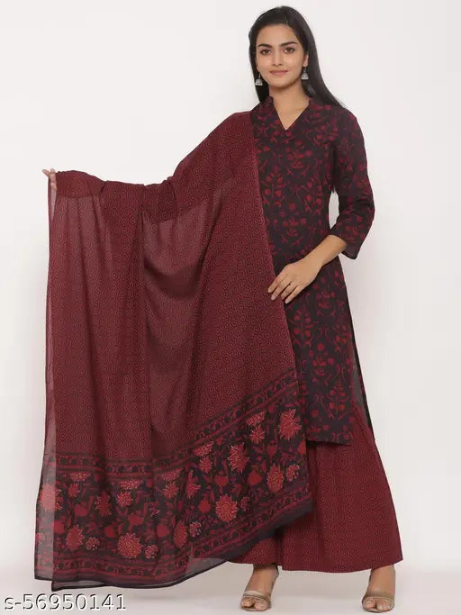 Cotton floral print Straight kurta and Sharara for festive party wear, beautiful girls' wear by Doriyaan in various sizes (S-XXXL), featuring three-quarter sleeves and a dupatta