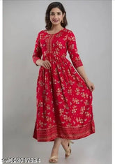 Red border flower printed long Anarkali kurti in viscose rayon, three-quarter sleeves, traditional-meets-contemporary Indian ethnic wear