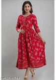 Red border flower printed long Anarkali kurti in viscose rayon, three-quarter sleeves, traditional-meets-contemporary Indian ethnic wear