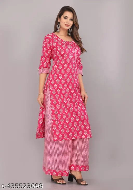 Women's cotton printed net kurta pant set (Pink), solid three-quarter sleeves with palazzo bottoms, India origin