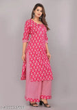 Women's cotton printed net kurta pant set (Pink), solid three-quarter sleeves with palazzo bottoms, India origin
