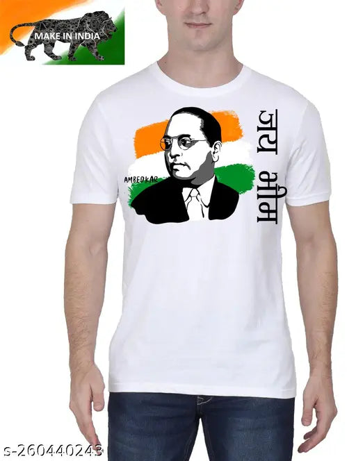 White printed Baba Saheb Ambedkar design t-shirt, unisex polyester half sleeve round neck tee for men, women, boys, girls. International style, premium yarn blend, versatile