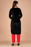 Black velvet winter kurta with ethnic embroidery, three-quarter sleeves. Women's Indian woolen fashion