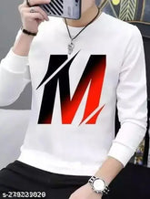 White polyester full-sleeve printed t-shirt for men, round neck, oversized fit