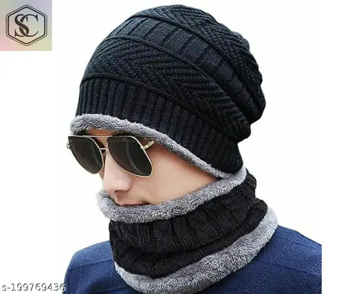 Woolen winter beanie hat set with balaclava (Black and Red), warm knit cap with fur trim, suitable for men and women outdoor activities like skiing or cycling