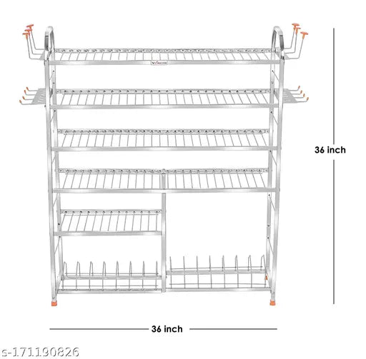 Stainless steel 6-shelf kitchen organizer, ideal for plates and cutlery storage. Dimensions: 36L x 36H x 10W inches (Lower 2 plate)