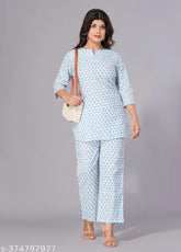 Cotton night suit and coord set for women and girls, trendy printed pyjamas with three-quarter sleeves, India origin