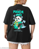 Black cotton-blend oversize panda printed t-shirt for girls, three-quarter sleeves, size M or L