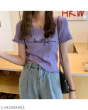 Comfy cotton blend lettuce design t-shirt with short sleeves, printed net pattern. Perfect quality crop top for women, India origin