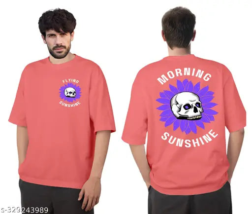 Round pink polycotton men's t-shirt, typography design, short sleeves. Size chart recommended." (90 characters)