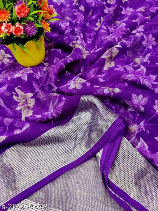 Trendy new chiffon printed saree, single free size Indian handloom with net-patterned chiffon running blouse on mannequin