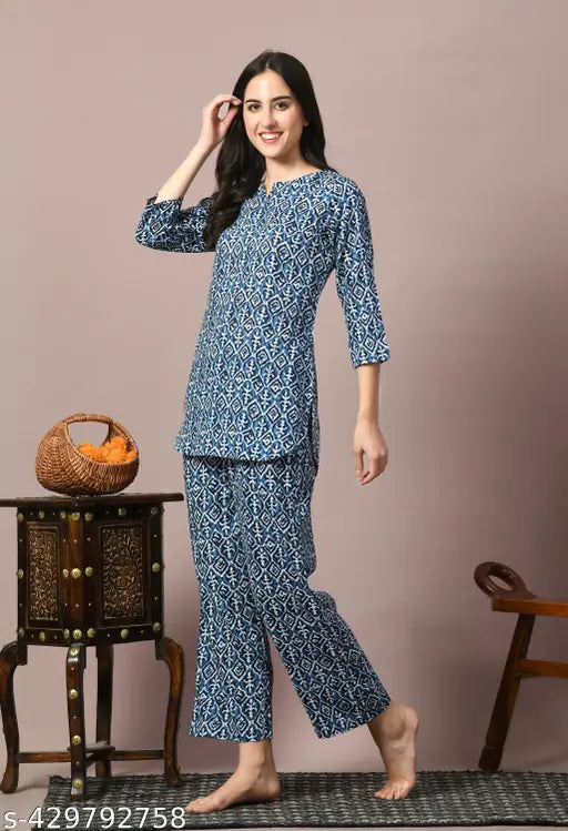 Rayon printed nightsuit dress with three-quarter sleeves, Indian-origin comfortable pyjamas for sleepwear