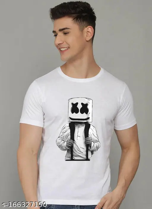 White striped polyester DJ Marshmello printed round neck t-shirt, premium cotton, machine washable, casual graphic wear
