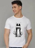 White striped polyester DJ Marshmello printed round neck t-shirt, premium cotton, machine washable, casual graphic wear