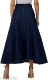 High quality denim A-line skirt by Aksha Creation, solid navy without belt. Contemporary style for flawless silhouette