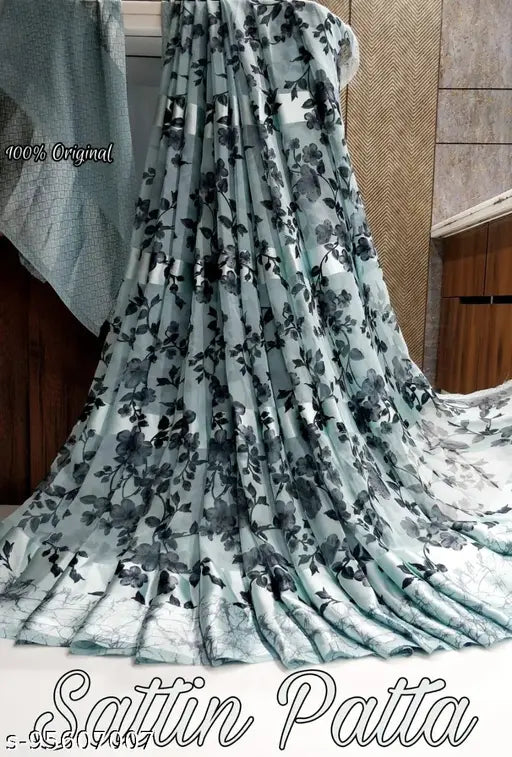 Georgette satin printed saree with blouse, vibrant Indian silk saree and running blouse in printed net design, single piece free size (saree length 5.5m, blouse length 0.8m)