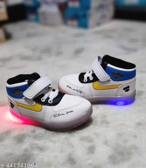 Synthetic LED light shoes for boys, trendy and comfortable MUKUNDA FOOTWEAR on display, ideal for ages 2-4 years old from India