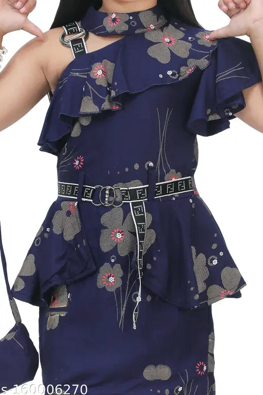 Gold rayon net printed frock for girls, funky tinkle design on display