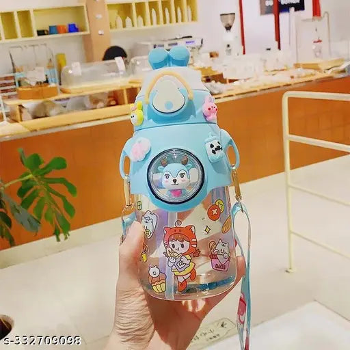 Blue, transparent plastic kids sipper bottle with rabbit design, silicone sleeve, and self-adhesive stickers | 750 ML packaging