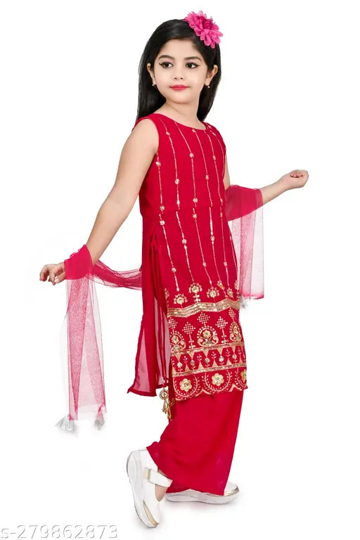 Embellished Georgette Naira Kurta Set with Dupatta, 7-8 years, Indian partywear for girls