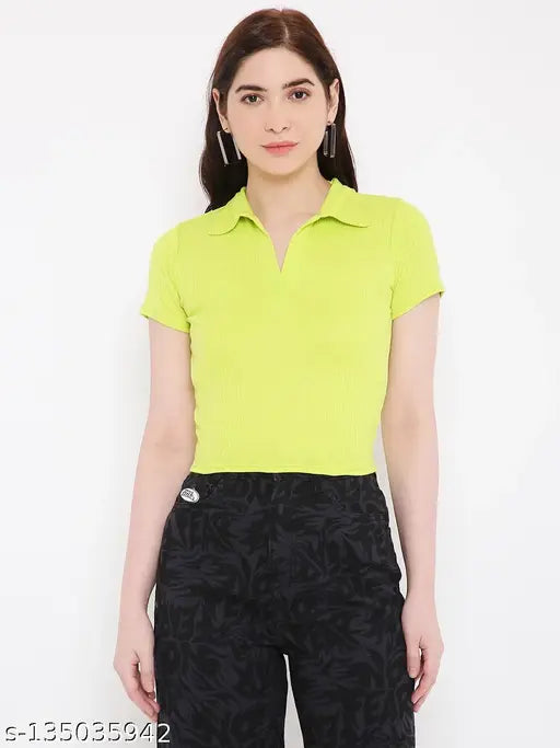 Lime punch polyester tank top, women's ribbed solid half sleeve by BLANCD - versatile, durable, mid-waist crop design