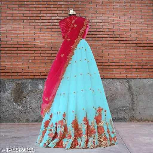 Fancy net embroidered lehenga choli: Dupion silk top with multi-thread work, heavy net bottom with multi-thread embroidery and semi stitch/cut work, embellished dupatta, free size (lehenga waist 44in, length 43in; dupatta length 2.10-2.20m), Indian origin