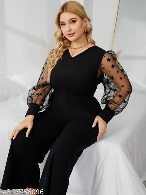 Dyed/washed net Lycra jumpsuit with long sleeves, statement star pattern for women's fashion, size XS-XXXXL, made in India