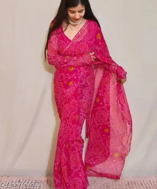 Pink chiffon saree, single free size, dyed/washed pattern from India