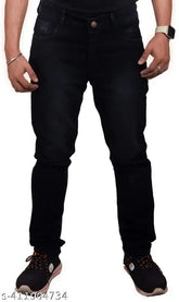 Black knitted full-length denim jeans for men fashion, stylish party/festive wear with solid pattern in sizes 28, 30, 32, 34, and 36. Made in India