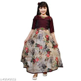 Silk printed net knee length dress for girls' wedding party or birthday, size 6-12 years