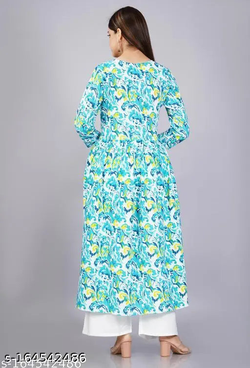 Rayon anarkali_49_sky kurta set with palazzos, three-quarter sleeves, printed net pattern. Single size available for S-XXL. High-quality Indian fashion at a great value