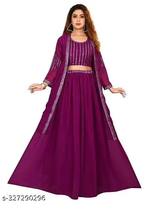 women's Georgette indo-western set, sleeveless crop top lehenga with shrug, vibrant ethnic fashion on display