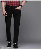 Cotton blend plain black jeans for men, size 28-34. Solid jean wear on model