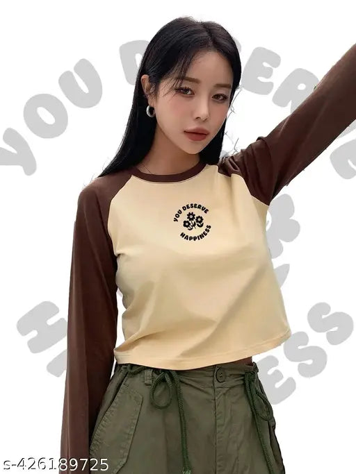 Long-sleeve printed cotton crop raglan t-shirt for women, XS/34in, India origin