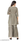 Grey rayon kurta set with sharara and dupatta for women, exquisite embroidery and embellishments on A-line design, hand wash only