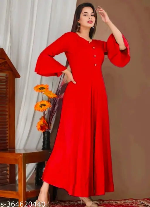 Unique Stylist Women's Rayon Fit & Flared Bell Gown Kurtis, solid color, three-quarter sleeves. Perfect for daily/casual wear, parties, or semi-formal occasions. Ideal for various seasons and great with matching accessories. Made in India