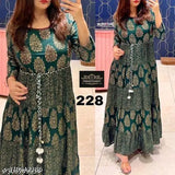 Golden rayon anarkali gown with long sleeves and beautiful traditional print - Indian fashion, women's formal wear