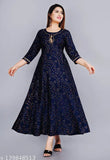 Rayon anarakali kurta with gold print, 3/4 sleeves, perfect for special occasions. Soft, flared style for casual comfort. Machine washable, Indian origin