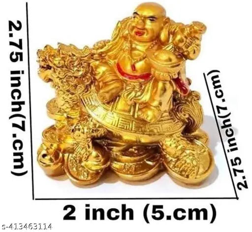 Golden resin laughing Buddha on turtle, Feng Shui gift for wealth, success, happiness - decorative showpiece (7cm)