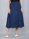 below-the-knee length A-line denim skirt, elastic waistband, versatile style, classic blue color, women's jeans skirt, high-quality denim fabric