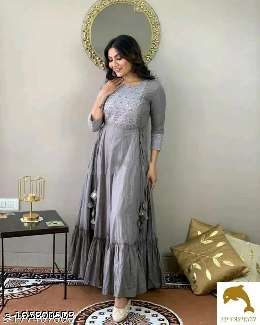 Embroidered rayon kurti with three-quarter sleeves, Indian fashion for trendy women