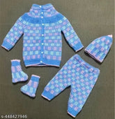 Blue & Pink Checkered Cotton-Wool Sweater Set for Babies, 0-9 Months - Indian Handmade