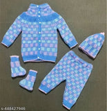 Blue & Pink Checkered Cotton-Wool Sweater Set for Babies, 0-9 Months - Indian Handmade