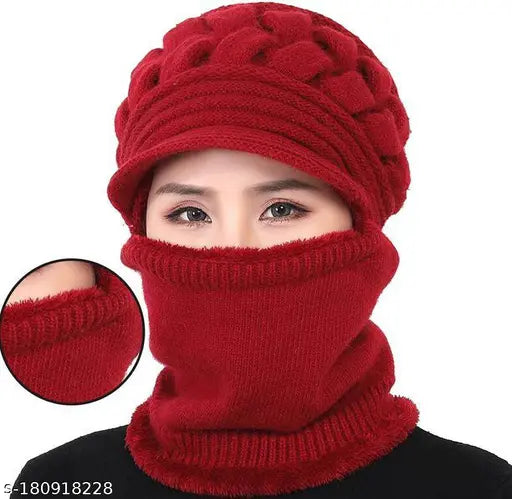 Soft wool and fur YOUTH ROBE Beanie Cap with Neck Warmer, ideal for winter outdoor activities. Perfect fit for ladies, adults, and teenagers. Made in India