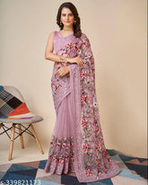 Indian net saree with solid print and running blouse in Bangalori silk, embellished with embroidery work