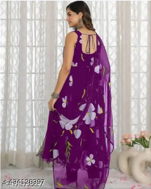 Purple georgette gown with big flower print, sleeveless and 4.5m umbrella flair, designed for all body types