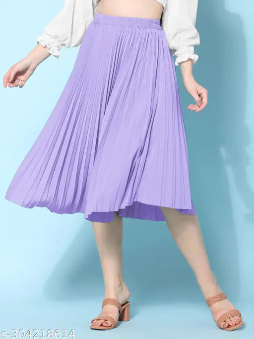 Slate blue, pleated midi skirt with elastic waistband, trendy fashion choice for Indian women