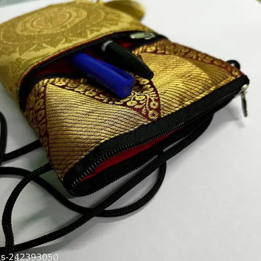 Handmade fabric coin and mobile bags, embellished net pattern for accessory storage. India origin