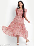 Floral Print Tiered Ruffle Midi Dress in Pink, chiffon material, women's size S-6XL for cocktail or formal events