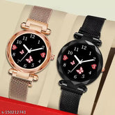 Black dial, copper magnet women's watch pair - analogue combo with multicolored stainless steel straps